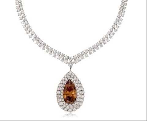 Graff 20.21 carat pear shaped yellow-brown diamond necklace sells for $325,000 at Christie's auction