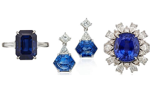 (L-R) SAPPHIRE AND DIAMOND RING PRICE REALIZED: $75,000; SAPPHIRE AND DIAMOND EARRINGS PRICE REALISED $27,500; SAPPHIRE AND DIAMOND RING PRICE REALISED $37,500 - Courtesy of Christie's