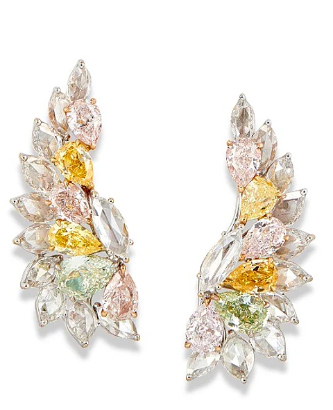FANCY COLOURED DIAMOND EARRINGS 12 fancy-coloured pear-shaped diamonds of 7.03 carats total, circular and marquise-cut diamonds of approximately 5.31 carats, gold, 3.5 cm
