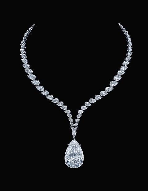 THE CHRYSLER DIAMOND A MAGNIFICENT DIAMOND PENDANT NECKLACE Pear-shaped diamond of 54.03 carats, D color, Internally Flawless PRICE REALIZED $5,070,000