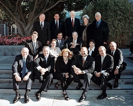 The GIA Board of Governors in an undated photo with Chair Helene Fortunoff (bottom row, center). Top row, standing: William Cottingham, Ralph Destino, Glenn Nord, Nancy Brewer, Roland Naftule. Second row seated: George Rossman, Matt Stuller, Richard T. Liddicoat. Third row seated: Susan Jacques, Anna Martin, Michael Kazanjian. Front row, seated: Sheldon Kwiat, Eli Haas, Helene Fortunoff, William Boyajian and Lee Berg.