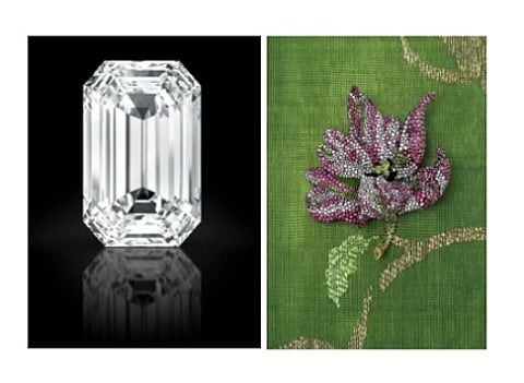 On the left is The Light of Africa Diamond, 103.49 carats, D color, Flawless, Type IIa, $11,000,000-18,000,000; on the right is The Estate of Ann Getty, JAR multi-gem, diamond and lacquer 'Parrot Tulip' brooch, $200,000-300,000