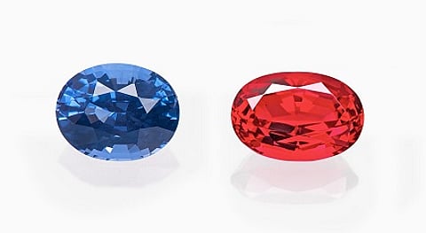 Cobalt-blue spinel from a newly reported source southeast of Mahenge in Tanzania, together with a vivid pinkish red spinel from a deposit in Epanko, which is close by to Mahenge, Tanzania. Photo courtesy: SSEF