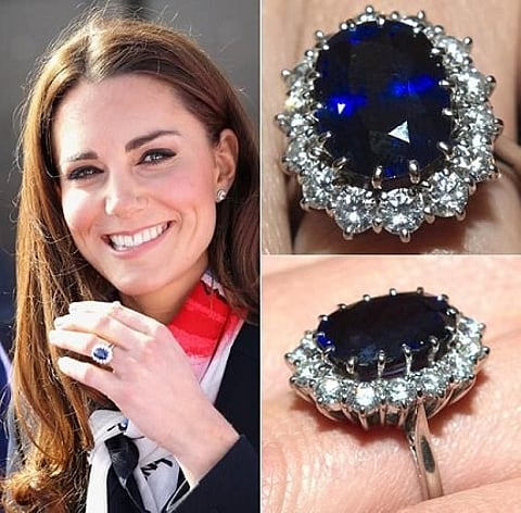 Catherine Elizabeth Middleton from the British Royal family sporting a dazzling sapphire ring
