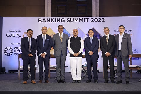 (L-R) Sabyasachi Ray, ED, GJEPC_ Saunak Parikh, Convener, Banking, Insurance and Taxation Committee, GJEPC_ Vipul Shah, Chairman, GJEPC_ Dr. Bhagwat Kishanrao Karad, Hon'ble Minister of State for Finance