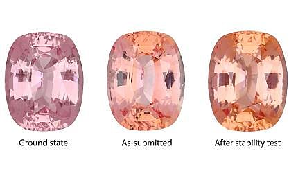 A padparadscha sapphire (3.54 ct) submitted to the GIA laboratory increased its orange color during the color stability test. If left in the dark for an extended period, the color could become less orange or even go to straight pink. This can be replicated by exposing the sapphire to intense LED illumination. This stone would be characterized as a padparadscha sapphire because the pink-orange color after the stability test is acceptable. Photos by Diego Sanchez.