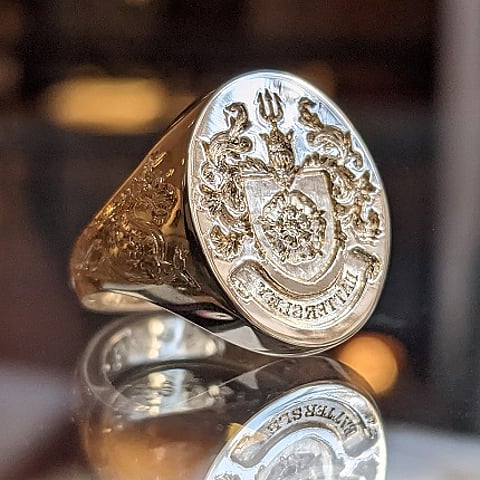 Hattersley Coat of Arms Signet Ring in 9K Yellow Gold 18x14mm Oxford 55 Signet Ring with Bespoke Full Coat of Arms