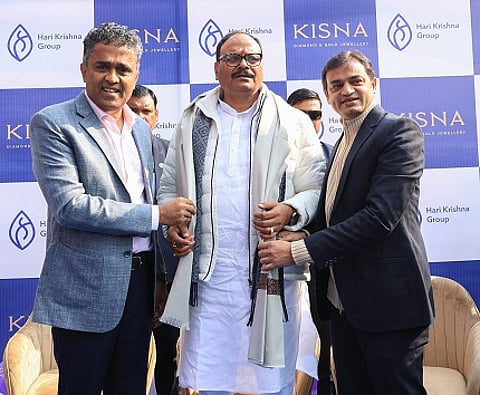 LtoR - Ghanshyam Dholakia, Founder & MD, Hari Krishna Group, Honourable Deputy Chief Minister of Uttar Pradesh, Brajesh Pathak, Parag Shah, Director, KISNA Diamond & Gold Jewellery at the KISNA showroom launch in Ayodhya, the first ever in Uttar Pradesh