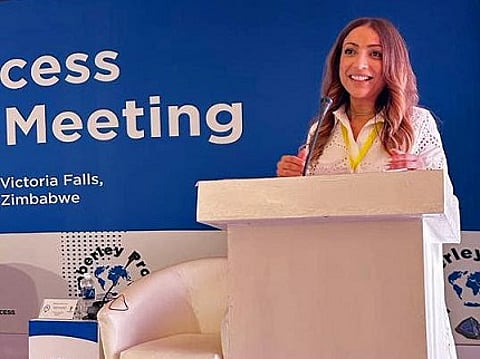 Feriel Zerouki, President of the World Diamond Council, addressing the Opening Session of the 2023 Kimberley Process Intersessional Meeting in Victoria Falls, Zimbabwe, on May 22, 2023.