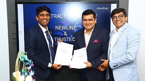 L-R: Mr. Karthik Narayanan, Managing Director for India, Middle East, and Africa, Newline Interactive, Mr. Hardik Shah, Director, Trustech AV Solutions and Mr. Bhavesh Rabadiya, Director, Trustech AV Solutions Signing The Distribution Agreement