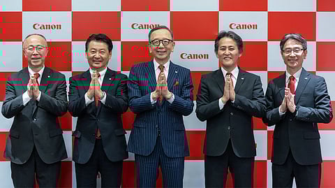 (From Left to Right) Mr Kazunori Iwamoto, Advisory Director of Canon Inc., Deputy Chief Executive of Optical Products Operations of Canon Inc., Unit Executive of Semiconductor Production Equipment Unit of Canon Inc., Mr Tiger Ishii, Executive Officer, Canon Inc., President & COO, Canon Marketing Asia, President & CEO, Canon Singapore Pte. Ltd., Mr Howard Ozawa, Executive Vice President, Canon Inc., Chief Representative, Canon Asia Group, Chairman & CEO, Canon Marketing Asia, President & CEO of Canon (China) Co., Ltd., Mr Manabu Yamazaki, President and CEO, Canon India, an Mr Koh Yamada, President, Canon Medical Systems India Pvt. Ltd., at the Canon Presidents Meet in Mumbai where Canon announced significant expansion of core business in India, alongside strengthening Industrial and Medical Business.