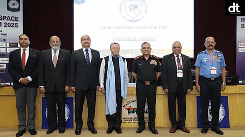 Inaugural Session at ISpA Indian DefSpace Symposium 2025; (From Left to Right) Lt Gen AK Bhatt (Retd), DG, ISpA; Amb Sujan R. Chinoy, Director General, MP-IDSA; Air Chief Marshal VR Chaudhari (Retd), Former Chief of the Air Staff, Indian Air Force; Hon’ble Gov Shekhar Dutt, SM, IAS, Former Governor of Chhatttisgarh, Former Defence Secretary, Govt. of India; General Anil Chauhan, Chief of Defence Staff, Indian Armed Forces; Jayant Patil, Chairman, ISpA; AVM Pawan Kumar, DG, DSA