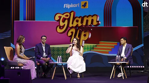 L-R Shankar Prasad, Founder, Plum with Actress Tamannaah Bhatia and Ramesh Gururaja at Glam Up 2025.