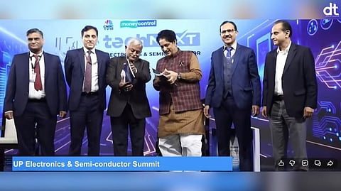 Right to left: Mr. Vivek Tyagi (IESA EC Member) and Mr. Ashok Chandak (President, IESA & SEMI India) release the SEMI–IESA Roadmap for Uttar Pradesh, in the presence of Shri Sushil Pal (Joint Secretary, MeitY) and Shri Awanish Kumar Awasthi (Advisor to the Hon’ble Chief Minister, Uttar Pradesh)