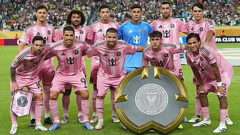 Inter Miami players pose before the Club World Cup Group A soccer match between Inter Miami and Palmeiras in Miami Gardens,