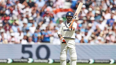 India's Ravindra Jadeja celebrates after scoring fifty runs on day two of the second cricket test match between England and India at Edgbaston
