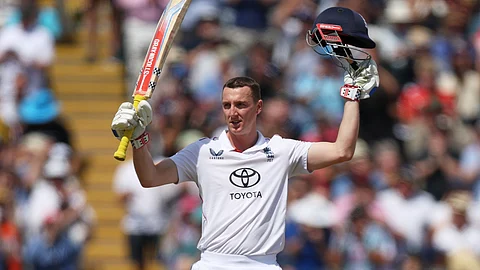 Harry Brook celebrates after scoring a century