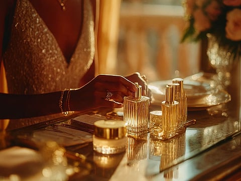 Golden-hour light reflects off elegant skincare bottles as BWA’s red carpet protocol begins
