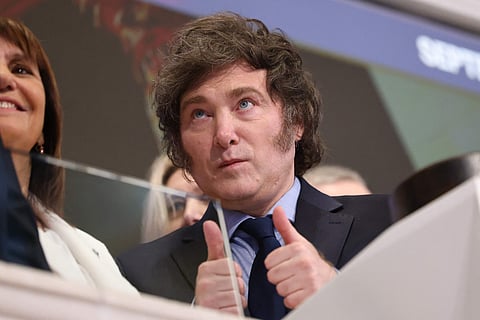 Javier Milei na bolsa de Nova Iorque.