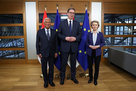 António Costa e Ursula von der Leyen receberam em Bruxelas o presidente sérvio, Aleksandar Vucic, a 25 de março.