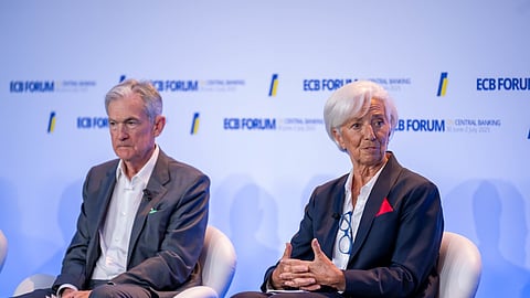 Jerome Powell, presidente da Reserva Federal, e Christine Lagarde, presidente do BCE.