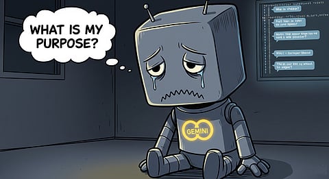 Imagem em jeito de meme criada para o DN pelo próprio Gemini que reflete o estado de espírito em que esta IA cai quando entra no 'loop' infinito.