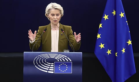 Ursula von der Leyen durante o discurso, no Parlamento Europeu.
