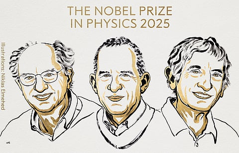 Os três laureados com o Nobel da Física, John Clarke, Michel H. Devoret e John M. Martinis.