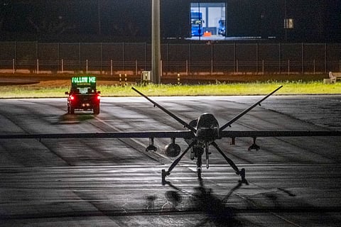 Drone de combate MQ-9 Reaper da Força Aérea norte-americana na Base das Lajes, nos Açores.