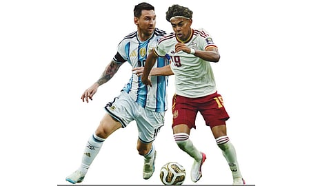 O argentino Lionel Messi e o espanhol Lamine Yamal.