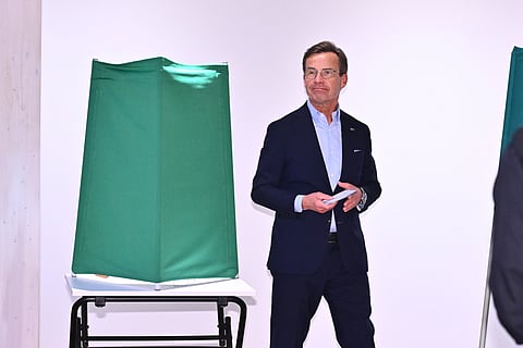 O primeiro-ministro sueco, Ulf Kristersson, líder do Partido Moderado, vota nas eleições gerais da Suécia.