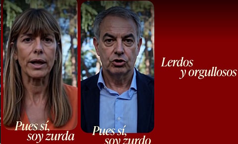 Imagens do vídeo criado com Inteligência Artificial, retratando Begoña Gómez e José Luis Zapatero (entre outros). "Então sim, sou esquerdalha", é a mensagem, que repetem após enumerar os seus alegados crimes.
