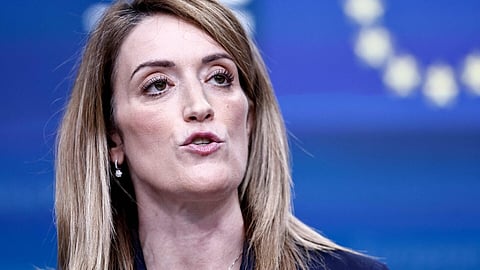 Roberta Metsola em pronuciamento no Parlamento Europeu.