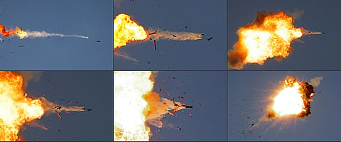 Sequência de fotos mostra o momento em que um caça israelita intercepta e destrói um drone do Hezbollah.