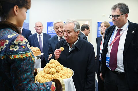 Guterres à chegada à cimeira dos BRICS em Kazan, na Rússia.