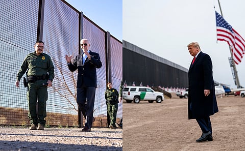 Biden (em 2023) e Trump (em 2021) na fronteira em El Paso.