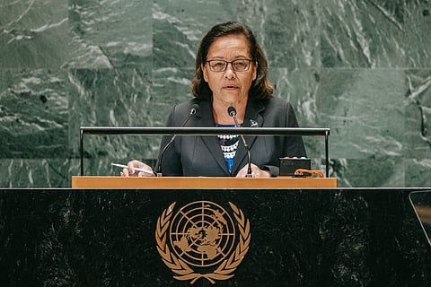 A presidente das Ilhas Marshall, Hilda Heine, durante o seu discurso na Assembleia-Geral da ONU.