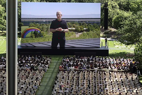 CEO da Apple, Tim Cook, na Apple Worldwide Developers Conference (WWDC), em Cupertino, Califórnia. Foto: JUSTIN SULLIVAN/AFP