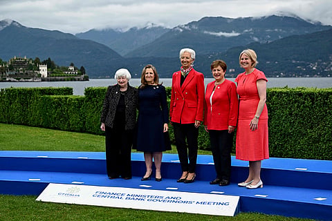 Janet Yellen, Chrystia Freeland, Christine Lagarde, Kristalina Georgieva e Lindsey Whyte no encontro do G7 em Stresa, Itália. Foto: GABRIEL BOUYS/AFP
