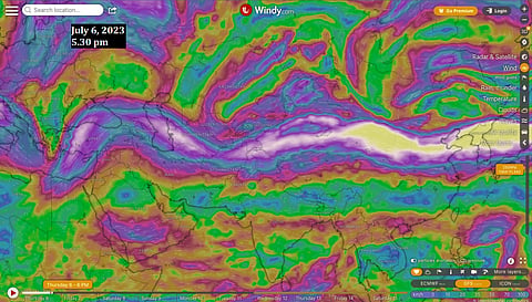 The western disturbance over Afghanistan and Pakistan. Screengrab: Windy.com