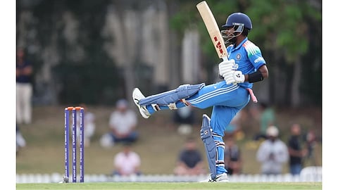India’s Aaron George plays a shot during his unbeaten knock of 58 against Sri Lanka in the semi-final on Friday