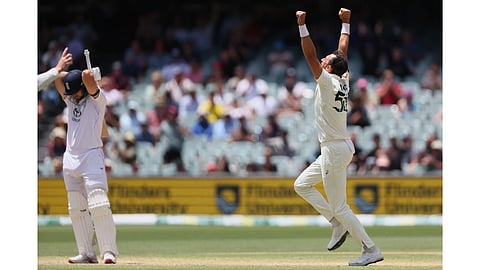 Australia's Mitchell Starc, celebrates the wicket of England's Will Jacks, left, during play on the final day of the third Ashes cricket test between England and Australia in Adelaide, Australia, (Photo: AP)
