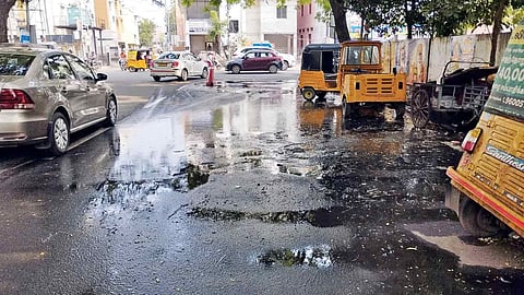 Sewage water forming puddles on the street on Madha Church Road in Santhome