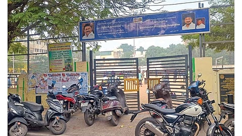 Two-wheelers parked around the playground on Sunday
