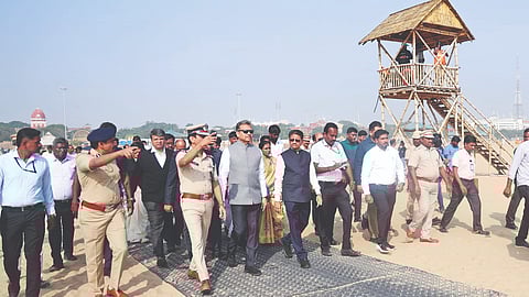 Justices R Suresh Kumar and AD Jagadish Chandira, along with officers, inspect near differently abled play area at Marina