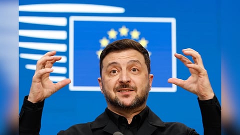 Ukraine’s President Volodymyr Zelenskyy speaks during a media conference at the EU Summit in Brussels