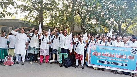 Nurses raise slogans at the entrance of PHC; (inset) a nurse being detained by police