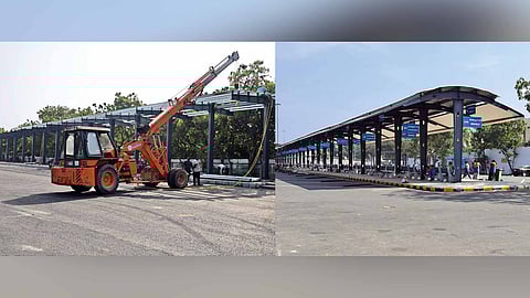 (Right) work going on at the Island Ground terminus on; (Left) Royapuram bus terminus completed
