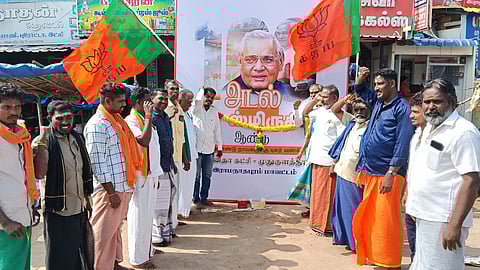 BJP cadre celebrating the former Prime Minister Vajpayee's 100th birth anniversary at Mudukulathur in Ramanathapuram on Thursday