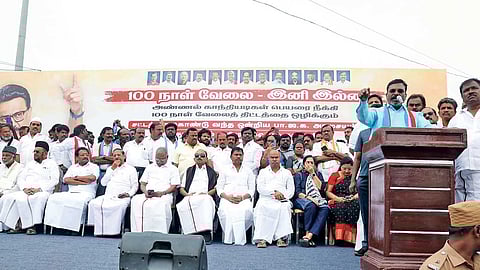 VCK chief Thirumavalavan addressing the protest against the VB-G RAM G Bill in Chennai on Wednesday
